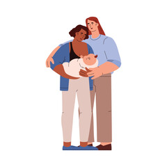 Vector isolated illustration of parents, dark-skinned mothers hold the newborn baby in arms and hug lovingly, transgender person