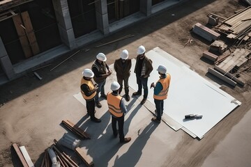 High angle view of group of engineers discussing over blueprint at construction site