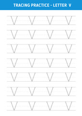 Alphabet Letter V Tracing Worksheet.Alphabet letters tracing worksheet with all alphabet letters.Developing skills of writing.A4 paper ready to print.