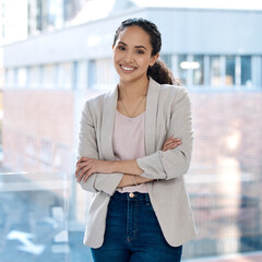 Aufkleber - Happy, arms crossed and portrait of business woman in office for professional, corporate and confident. Smile, happiness and pride with female employee at window for mission as expert or entrepreneur