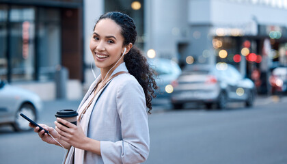 Poster - Music, phone and portrait of businesswoman in city for streaming, social media and audio. Happy, smile and podcast with female employee in outdoors for coffee break, online radio and technology