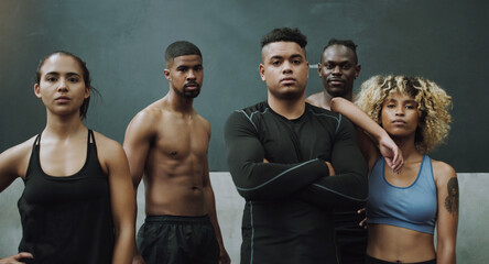 Poster - Sports, fitness and portrait of men and women in gym for training, exercise and workout class. Teamwork, motivation and group of serious people ready for challenge, wellness and body builder club