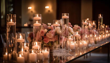 Stunningly elegant long rectangular tablescape set up for an wedding reception with candle light, flowers, generative ai