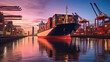 Global Commerce, the Movement of Containers on a Cargo Ship at a Thriving Port, Generative AI
