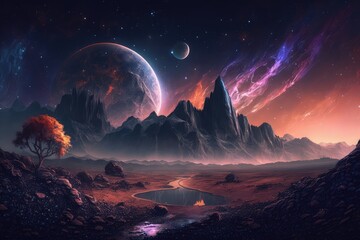 Wall Mural - landscape with galaxy background with fantasy night starry sky. distinct generative ai image.