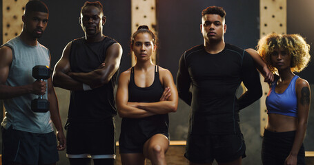 Poster - Fitness, gym and portrait of men and woman ready for exercise, training and workout class. Sports club, body builder and group of people in class with motivation for challenge, wellness and teamwork