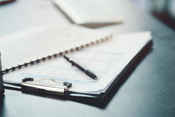 Poster - Pen, paper and form or document for information, contract or life insurance application on a table. Paperwork, business files or survey on a desk in a empty office for planning, research or report