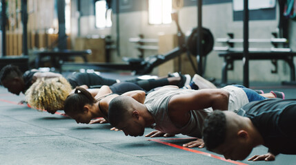 Poster - Fitness, sports club and people do push up in gym for training, exercise and workout class. Health, motivation and serious group of men and women body builders for challenge, wellness and strength