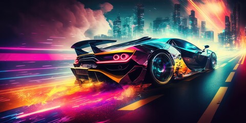 Poster - Elegant luxury super sports car future design driving on modern city highway Generative AI