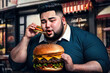 Fat man with a big belly eating hamburger in a fast food restaurant Generative AI