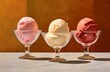 Illustration of three colourful scoops of ice cream in glass bowls on a textured brown background created with Generative AI technology