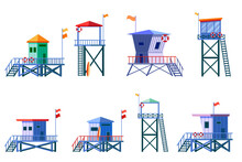 Set Of Lifeguard Tower Icons. Station Beach Building