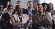 canvas print picture - Business people, conference and audience applause at seminar, workshop or training. Diversity men and women crowd clapping at presentation or convention for corporate success, bonus or growth