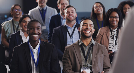 Aufkleber - Business people, conference and happy audience laughing at a seminar, workshop or training. Diversity men and women crowd at conference or convention for corporate education, knowledge and learning