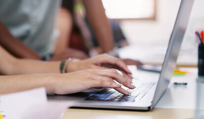 Leinwandbilder - Laptop, keyboard and woman hands typing while working on a corporate project in the office. Technology, professional and closeup of female web designer doing research on a computer in the workplace.