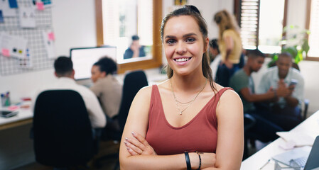 Poster - Woman, smile and portrait of designer with arms crossed in office workplace for business. Face, confidence and graphic design, female person and creative entrepreneur, professional and leadership.