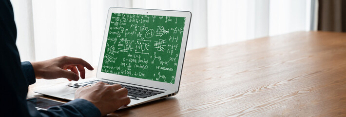 mathematic equations and modish formula on computer screen showing concept of science and education