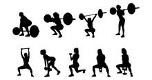 Vector Set Silhouette Of Women Squat Exercises Workout. Women Squat Exercises With Dumbbell And Barbell Silhouette Isolated Vector Design