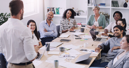 Poster - Diversity, businesspeople planning and sitting at table in a boardroom at workplace. Presentation or business meeting, collaboration and people talking or brainstorming together at their work