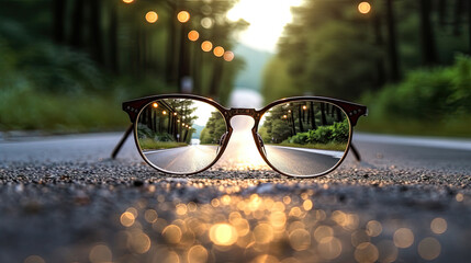 Canvas Print - road center line leading to source of light behind an eyeglasses, with blur background Generative AI