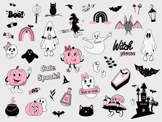 Wall Mural - Pink Halloween Set, Groovy Halloween bundle, White sheet ghost mascot, Pink pumpkin in retro style