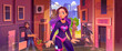 Girl super hero in city street alley came for thief man cartoon background. Neighborhood back alleyway in ghetto and powerful female character in tight purple costume came for justice comics scene