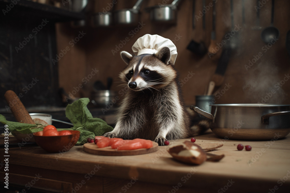 Working Racoon A raccoon working as a professional chef, creating culinary ...
