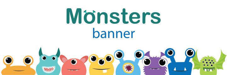 Wall Mural - Monster's banner with peep out monsters. Vector illustration.