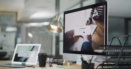 Canvas Print - Computer screen, job search and website background for recruitment, Human Resources and hiring services. Web portal, research and HR desktop, office desk and technology, career SEO or web design