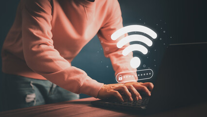 Poster - User using a computer laptop to connect to wifi but wifi not connected or password is incorrect and waiting to loading digital data form website, concept technology of waiting for connect to wifi.