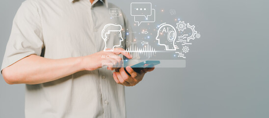 Poster - Young man using a mobile phone chatting with a smart AI or artificial intelligence using an artificial intelligence chatbot developed. Futuristic technology transformation. Chat bot ai communication.