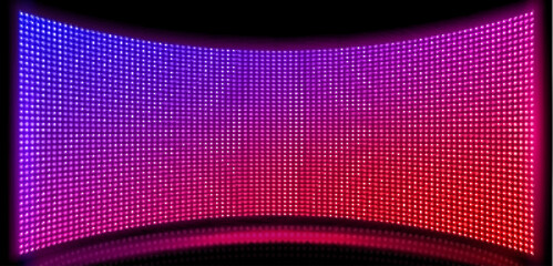 Poster - Tv show led screen stage and lcd wall background. Light panel concave monitor digital texture with dot pattern and scene. Curved cinema glittering diode pixel technology vector backdrop illustration