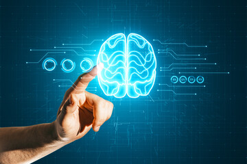Poster - Artificial intelligence and thinking concept with man finger on virtual touch screen with digital glowing human brain silhouette between circuit on blue background