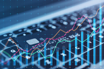 Aufkleber - Close up of laptop with bank card and growing business chart grid on blurry background. Corporate growth plan and company development concept. Double exposure.