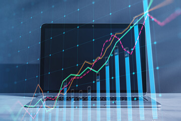 Aufkleber - Close up of laptop with growing business chart grid on blurry background. Corporate growth plan and company development concept. Double exposure.