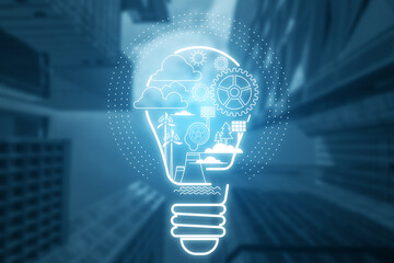 Poster - Abstract digital light bulb hologram on blurry city background. Start up, entrepreneurship and creative ideas concept. Double exposure.