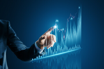 Aufkleber - Online trading and investing concept with a businessman finger pressing a button on a virtual forex chart on a digital display hologram, on a dark blue background