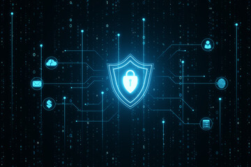 Fototapete - Experience peace of mind with our advanced network security system. Digital blue shield with padlock symbol provides the ultimate in cyber security technologies. 3D rendering.
