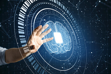 Poster - Cyber technology, artificial intelligence and machine learning concept with man hand touching digital screen with microcircuit with processor in form of human brain on abstract blue background