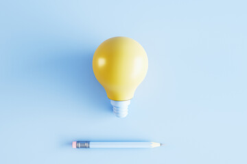 Creative lamp and pencil on blue background. Idea and innovation concept. 3D Rendering.
