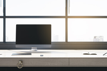 Aufkleber - Office interior with panoramic windows and city view, blinds, empty mock up computer screen, furniture and sunlight. 3D Rendering.