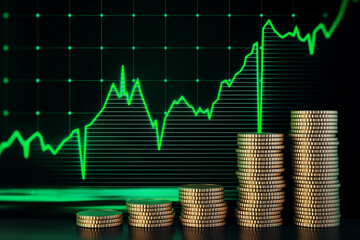 Poster - Stacked golden coins with growing green forex chart on dark background. Stock market and trade concept. 3D Rendering.