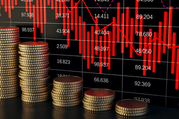 Aufkleber - Stacked golden coins with falling red forex chart on dark wallpaper. Crisis and recession concept. 3D Rendering.