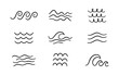© Elena Pimukova - Doodle sea wave icons. Hand drawn simple wavy lines. Sea storm scribble icons set. Ocean water flow curve sketch. Aqua doodle symbols. Vector illustration isolated on white background.