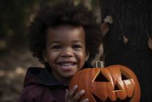 African Boy With Halloween Pumpkin. Generative AI., Generative AI
