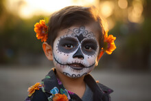 Mexican Boy With Sugar Skull Make-up For Day Of Dead. Generative AI., Generative AI