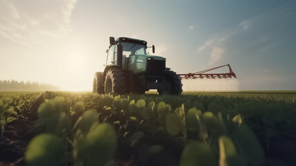 Wall Mural - Tractor spraying pesticides at soy bean field. generative ai
