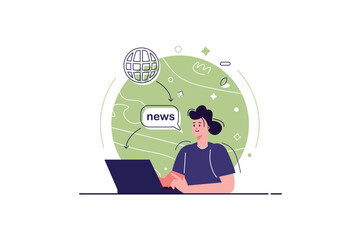 Aufkleber - Concept Internet news with people scene in the flat cartoon style. A woman reads world news on the Internet. Vector illustration.
