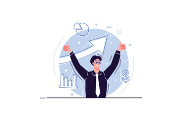 Poster - Sales performance concept with people scene in the flat cartoon design. The businessman is glad for the high productivity of sales. Vector illustration.