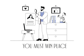 Poster - HR manager concept wit people scene in the flat cartoon design. The HR manager selects the questionnaire and CV of potential employees. Vector illustration.